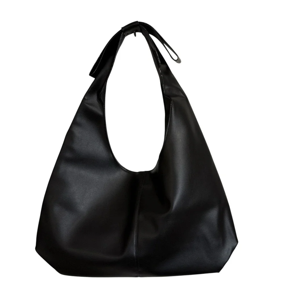 Victoria's Secret VS Bow Tote Bag Large Black Hobo Slouchy Faux Leather